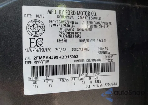 2019 Ford Edge Sel из США, поврежденный, VIN 2FMPK4J99KBB15092